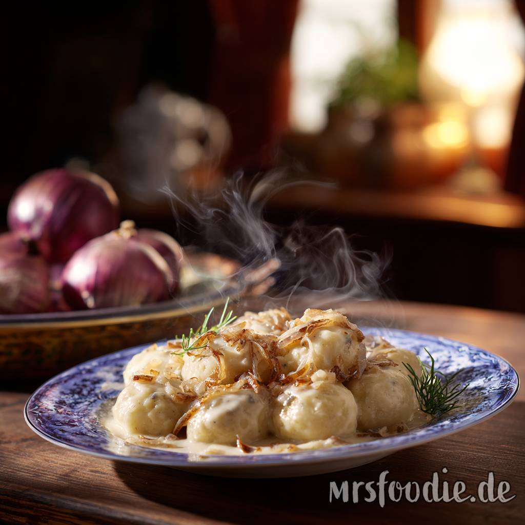 Knödel mit Zwiebel-Kondensmilch-Sauce