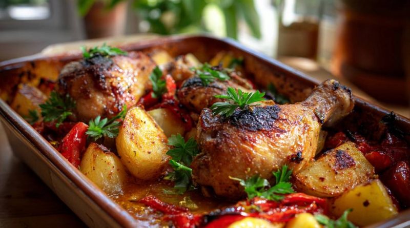 Ofenhähnchen mit Kartoffeln und Paprika