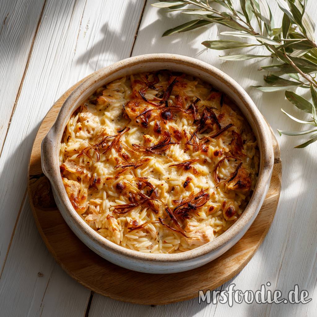 Französische Zwiebel-Hähnchen-Orzo-Pfanne