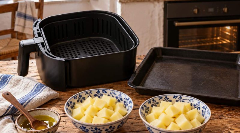 Zwei rohe Kartoffelportionen, Airfryerkorb und Backblech für einen Gerätevergleich