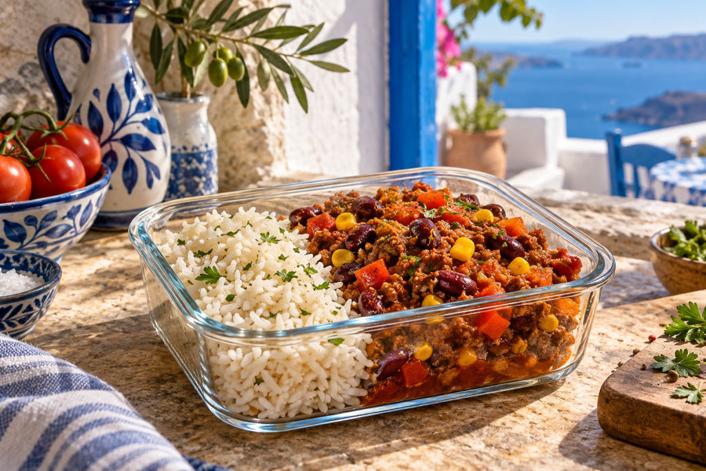 Burrito-Bowl mit Reis, würzigem Hackfleisch, Kidneybohnen, Mais und gegarter Paprika.