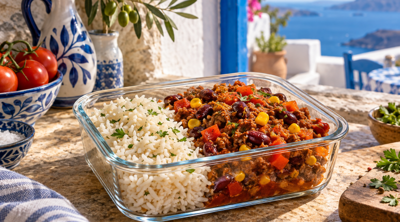 Burrito-Bowl mit Reis, würzigem Hackfleisch, Kidneybohnen, Mais und gegarter Paprika.