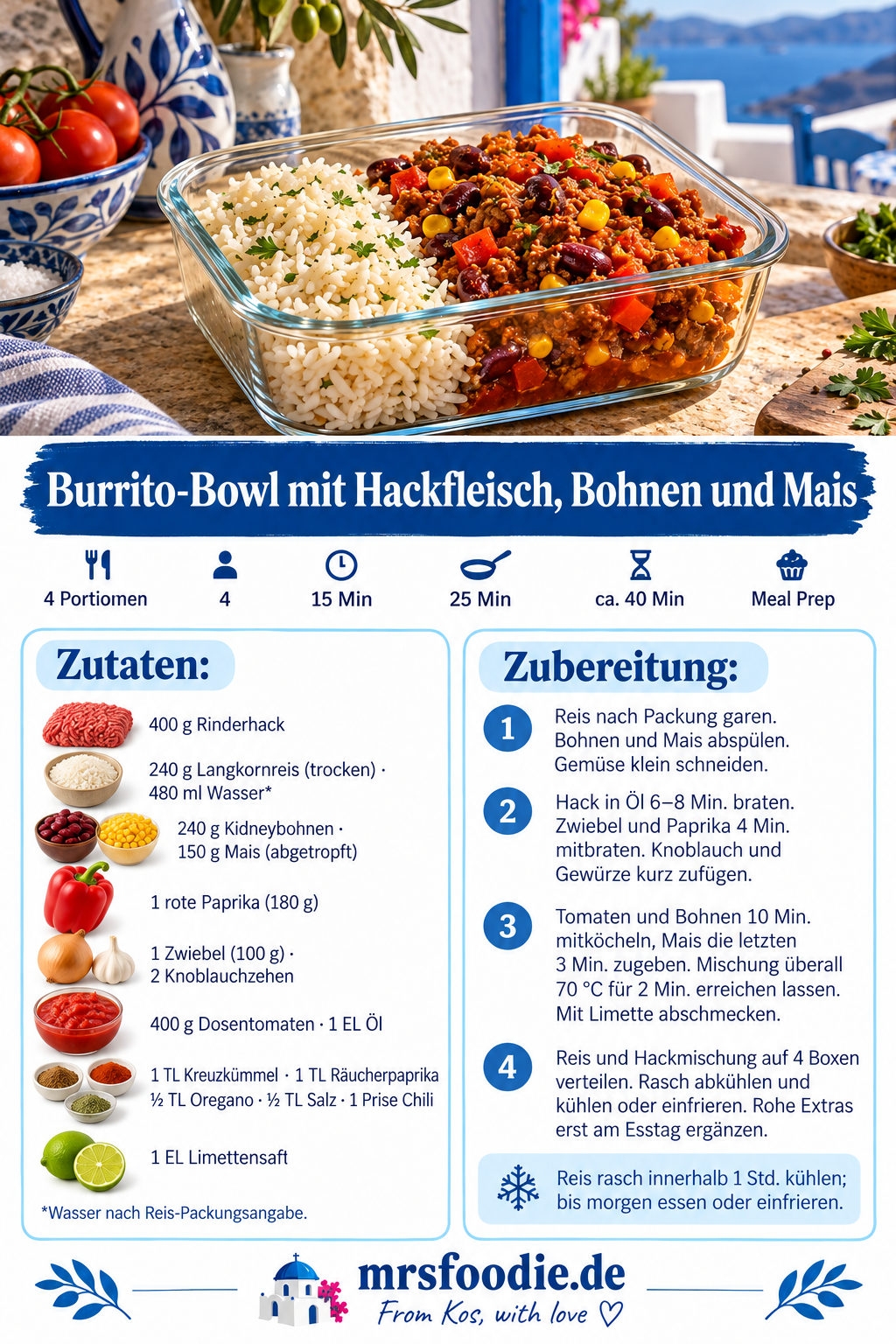 Burrito-Bowl mit Hackfleisch, Bohnen und Mais – Pinterest-Rezeptkarte mit Zutaten und Kurzanleitung