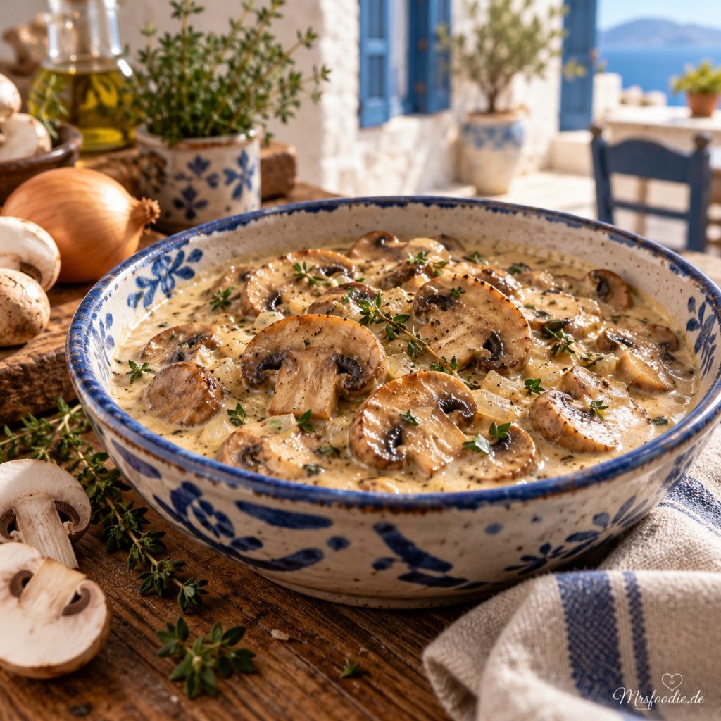 Champignon-Rahmsauce wie im Restaurant in handgemachter blau-weißer Keramik