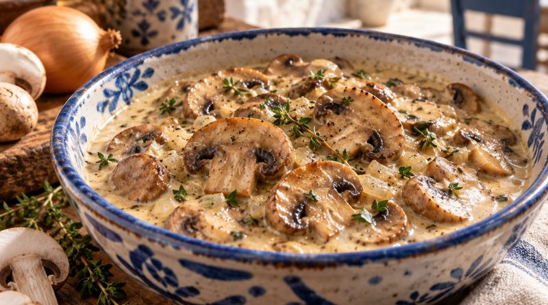 Champignon-Rahmsauce wie im Restaurant in handgemachter blau-weißer Keramik