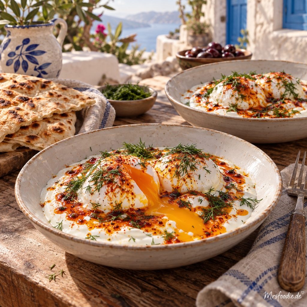 Çılbır – Türkische Eier auf Knoblauchjoghurt in warmer griechischer Küchenatmosphäre