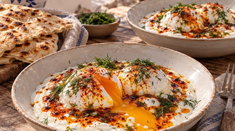 Çılbır – Türkische Eier auf Knoblauchjoghurt in warmer griechischer Küchenatmosphäre