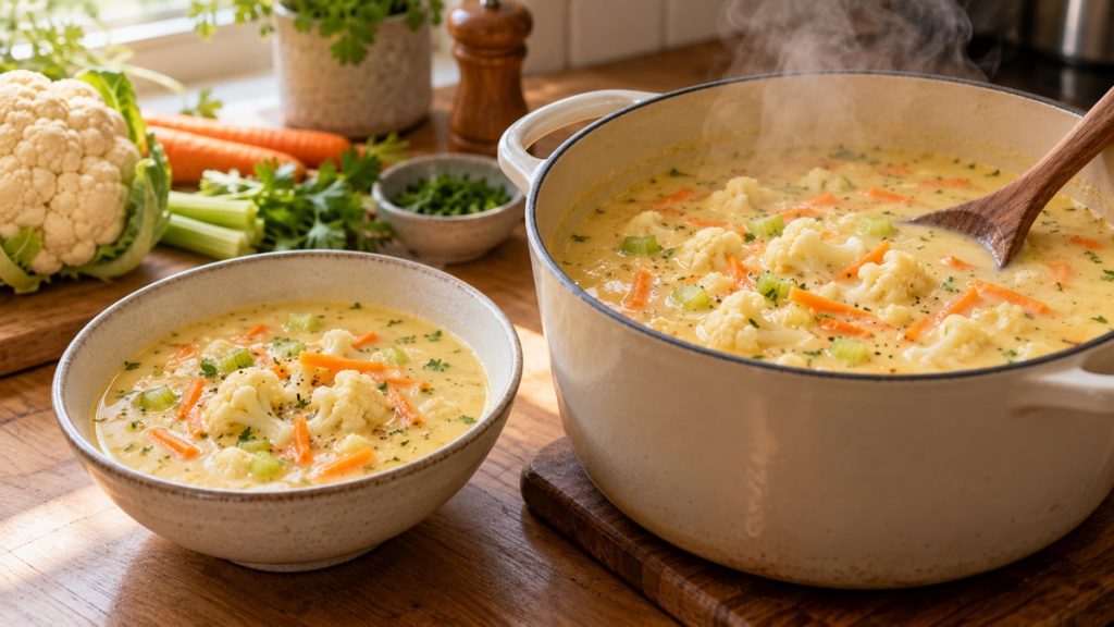 Cremige Blumenkohlsuppe mit Sahne, Blumenkohlröschen, Karotte und Sellerie in Topf und Schale.