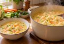Cremige Blumenkohlsuppe mit Sahne, Blumenkohlröschen, Karotte und Sellerie in Topf und Schale.