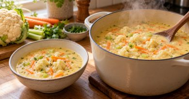 Cremige Blumenkohlsuppe mit Sahne, Blumenkohlröschen, Karotte und Sellerie in Topf und Schale.