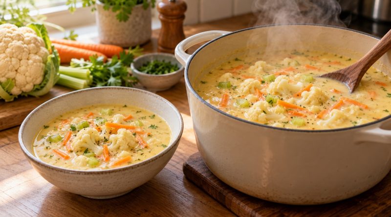 Cremige Blumenkohlsuppe mit Sahne, Blumenkohlröschen, Karotte und Sellerie in Topf und Schale.