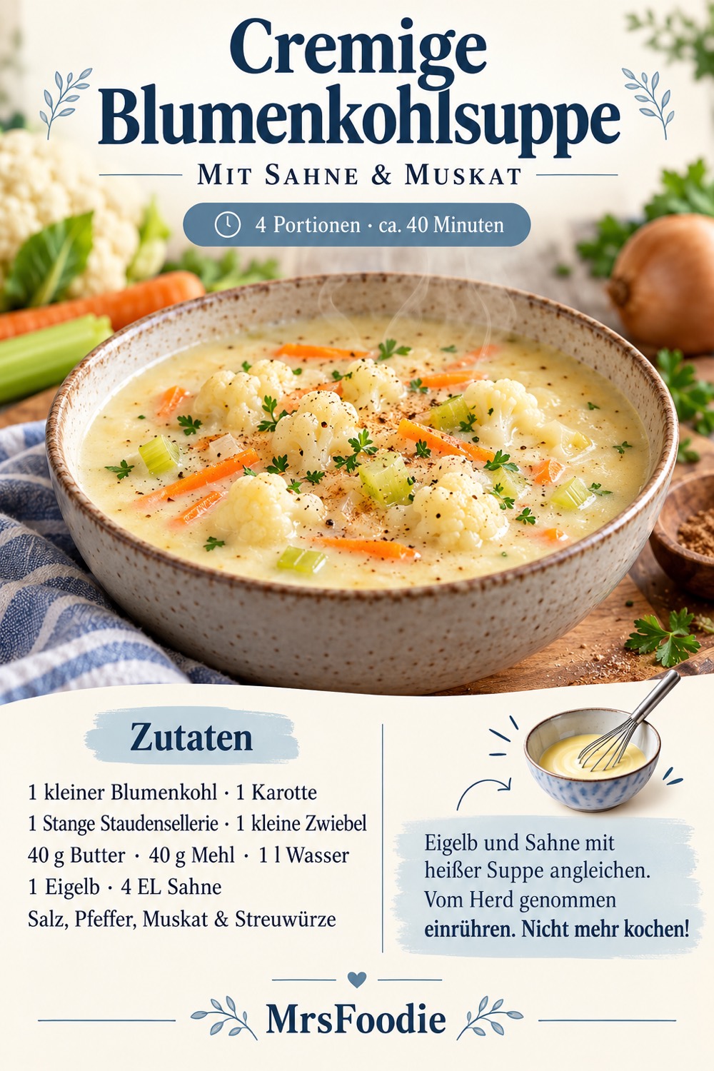 Pinterest-Rezeptkarte für cremige Blumenkohlsuppe mit Zutaten und Tipp zur Eigelb-Sahne-Mischung.