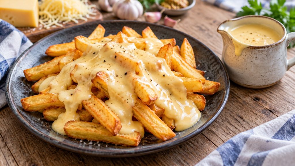 Goldene Pommes mit cremiger Käsesoße auf einem dunklen Teller, daneben eine kleine Kanne mit Käsesoße.