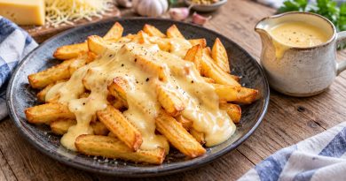 Goldene Pommes mit cremiger Käsesoße auf einem dunklen Teller, daneben eine kleine Kanne mit Käsesoße.