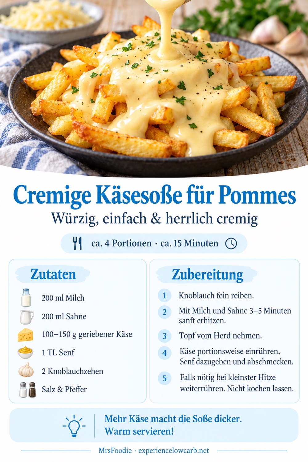 Pinterest-Rezeptkarte für cremige Käsesoße für Pommes mit Zutaten und Zubereitung.