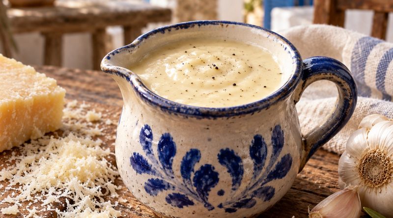 Cremige Knoblauch-Parmesan-Sauce in handgemachter blau-weißer Keramik
