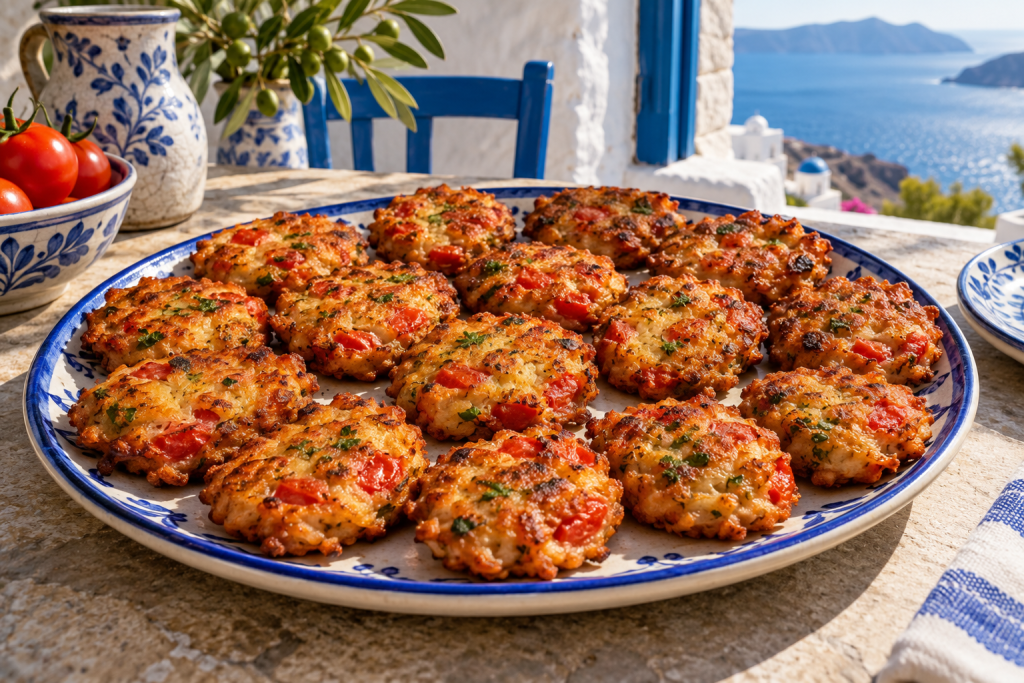 Domatokeftedes – Griechische Tomatenpuffer in einer warmen griechischen Küchenatmosphäre