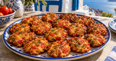 Domatokeftedes – Griechische Tomatenpuffer in einer warmen griechischen Küchenatmosphäre