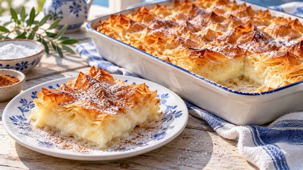 Goldbraune Bougatsa mit knusprigen Filoteigfalten, Puderzucker und Zimt in einer Form und als Stück auf einem blau-weißen Teller.