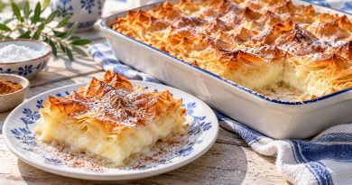 Goldbraune Bougatsa mit knusprigen Filoteigfalten, Puderzucker und Zimt in einer Form und als Stück auf einem blau-weißen Teller.