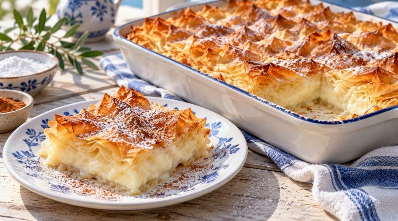 Goldbraune Bougatsa mit knusprigen Filoteigfalten, Puderzucker und Zimt in einer Form und als Stück auf einem blau-weißen Teller.