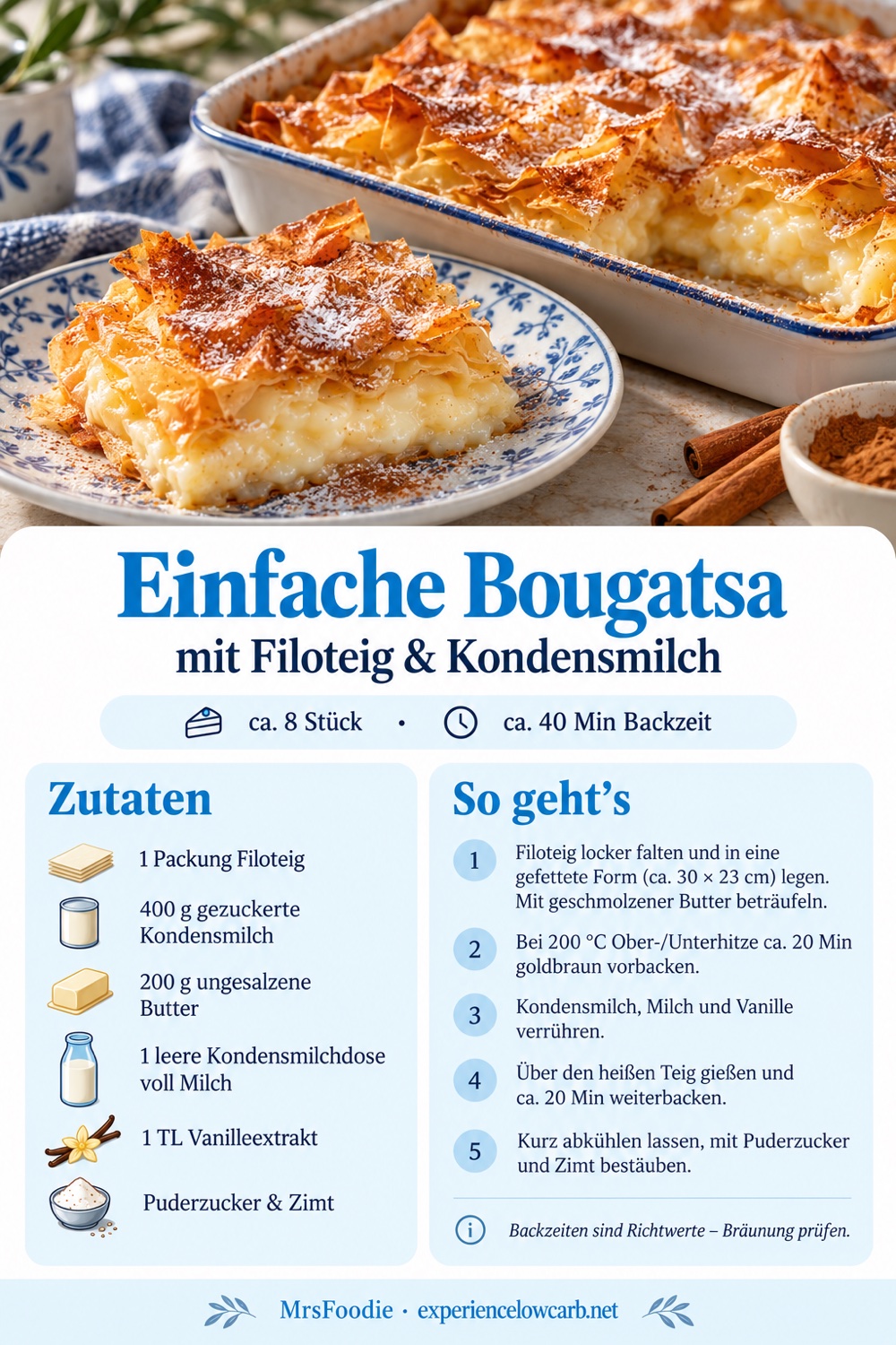 Pinterest-Rezeptkarte für einfache Bougatsa mit Filoteig und gezuckerter Kondensmilch, Zutaten und Zubereitung.