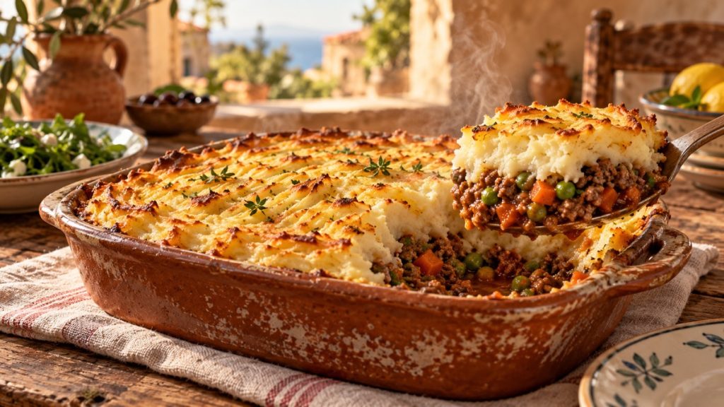 Erbsen-Hackfleisch-Pie mit goldbrauner Kartoffelhaube in einer rustikalen griechischen Küche.