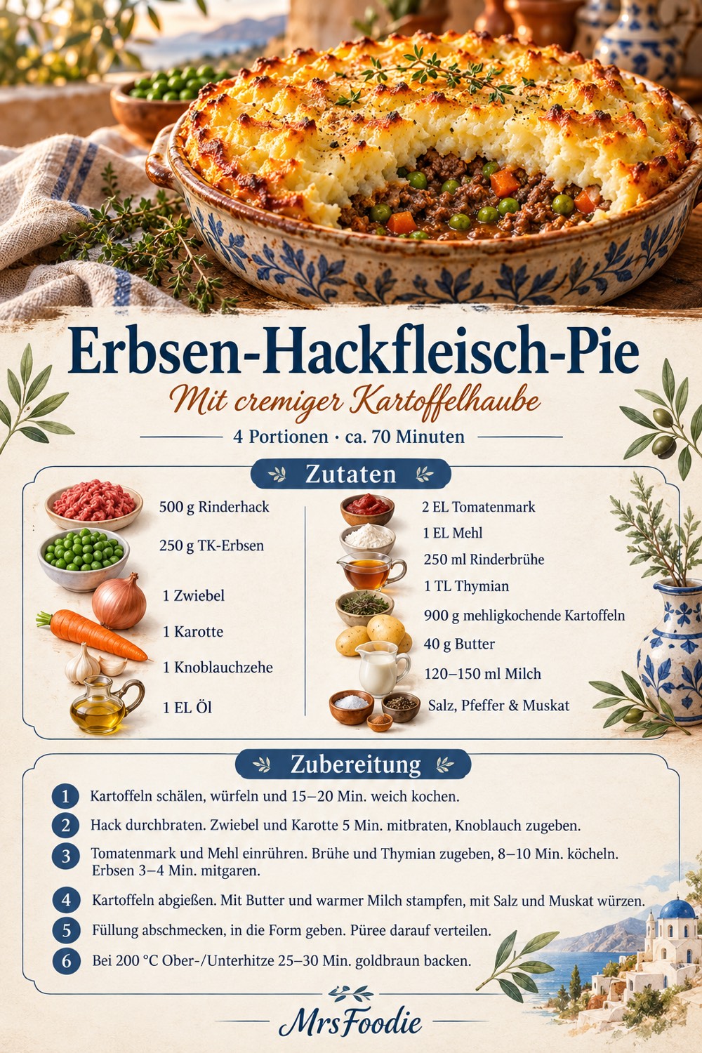 Pinterest-Rezeptkarte für Erbsen-Hackfleisch-Pie mit Zutaten und sechs Zubereitungsschritten.