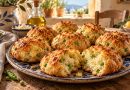 Erbsen-Käse-Brötchen ohne Hefe mit grünen Erbsen und goldbraunem Käse auf griechischer Keramik.
