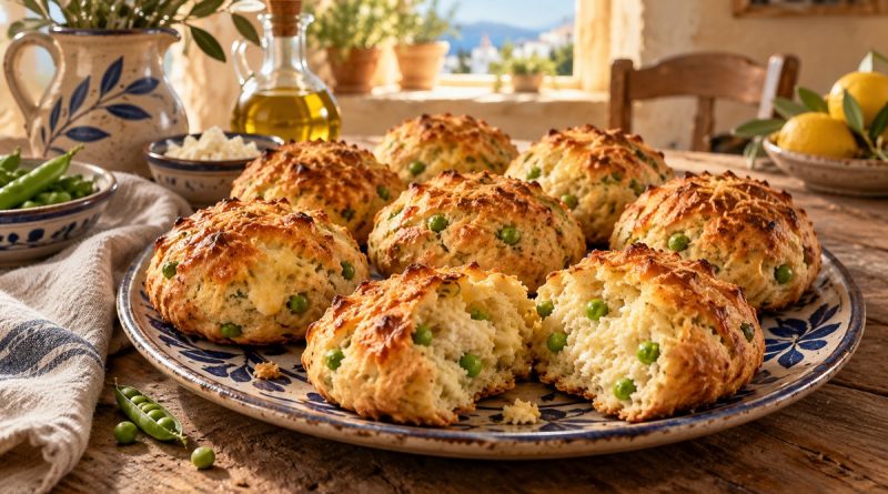 Erbsen-Käse-Brötchen ohne Hefe mit grünen Erbsen und goldbraunem Käse auf griechischer Keramik.