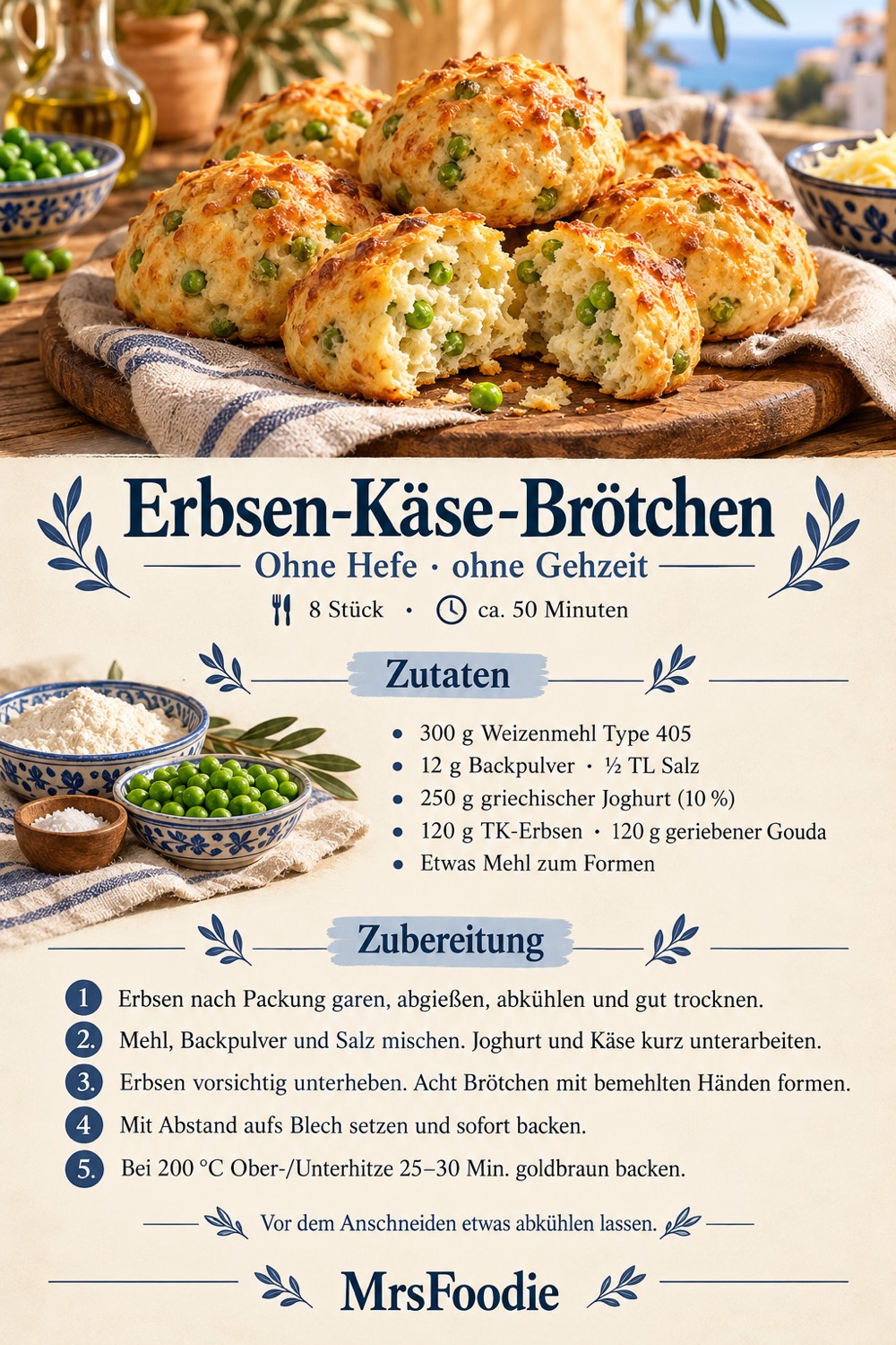 Pinterest-Rezeptkarte für Erbsen-Käse-Brötchen ohne Hefe mit Zutaten und Kurzanleitung für acht Stück.