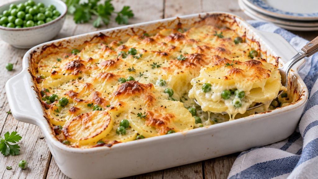 Cremiger Erbsen-Kartoffel-Auflauf mit goldbrauner Käsekruste und Sahnesoße, eine Portion wird aus der Form gehoben.