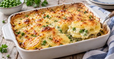 Cremiger Erbsen-Kartoffel-Auflauf mit goldbrauner Käsekruste und Sahnesoße, eine Portion wird aus der Form gehoben.