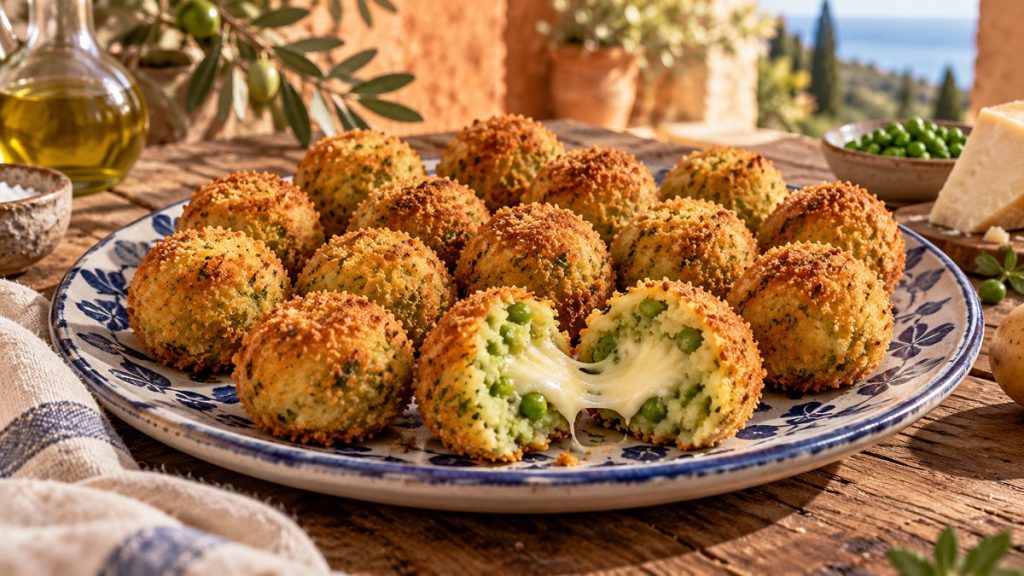 Erbsen-Mozzarella-Bällchen aus dem Airfryer mit knuspriger Panade und geschmolzenem Käsekern.