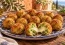 Erbsen-Mozzarella-Bällchen aus dem Airfryer mit knuspriger Panade und geschmolzenem Käsekern.
