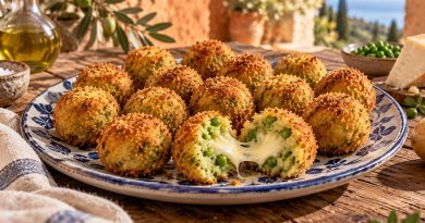 Erbsen-Mozzarella-Bällchen aus dem Airfryer mit knuspriger Panade und geschmolzenem Käsekern.