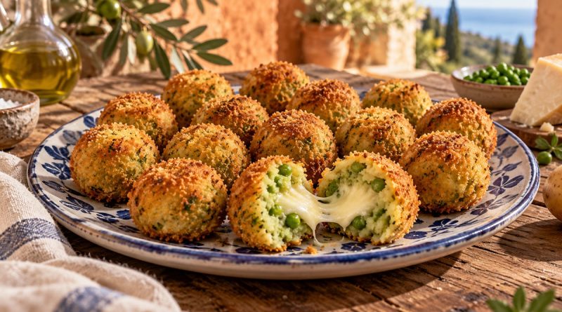 Erbsen-Mozzarella-Bällchen aus dem Airfryer mit knuspriger Panade und geschmolzenem Käsekern.