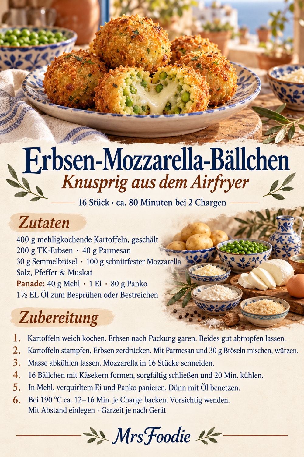 Pinterest-Rezeptkarte für Erbsen-Mozzarella-Bällchen aus dem Airfryer mit Zutaten und Kurzanleitung.