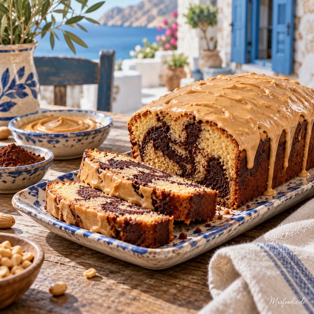 Saftiger Erdnussbutter-Marmorkuchen in rustikaler griechischer Küchenatmosphäre