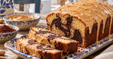 Saftiger Erdnussbutter-Marmorkuchen in rustikaler griechischer Küchenatmosphäre