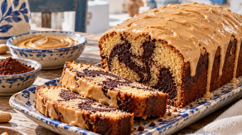 Saftiger Erdnussbutter-Marmorkuchen in rustikaler griechischer Küchenatmosphäre