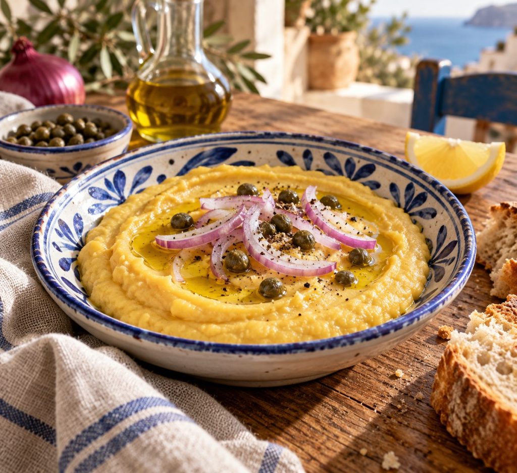 Fava – cremiger griechischer Dip mit Zitrone – eigenes Motiv in griechischer Küchenatmosphäre