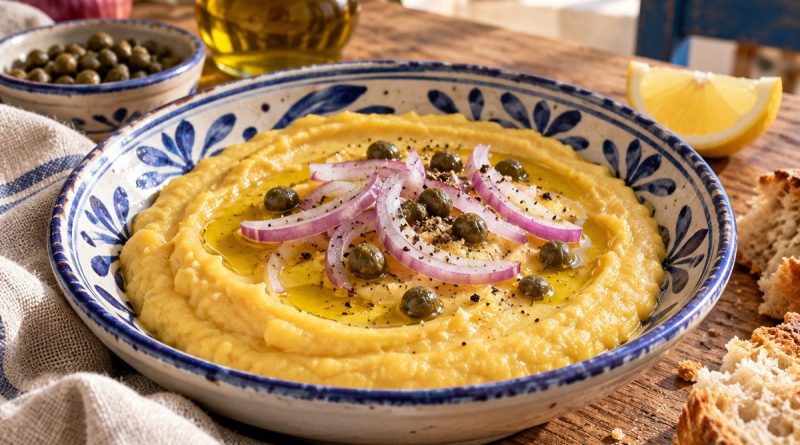 Fava – cremiger griechischer Dip mit Zitrone – eigenes Motiv in griechischer Küchenatmosphäre