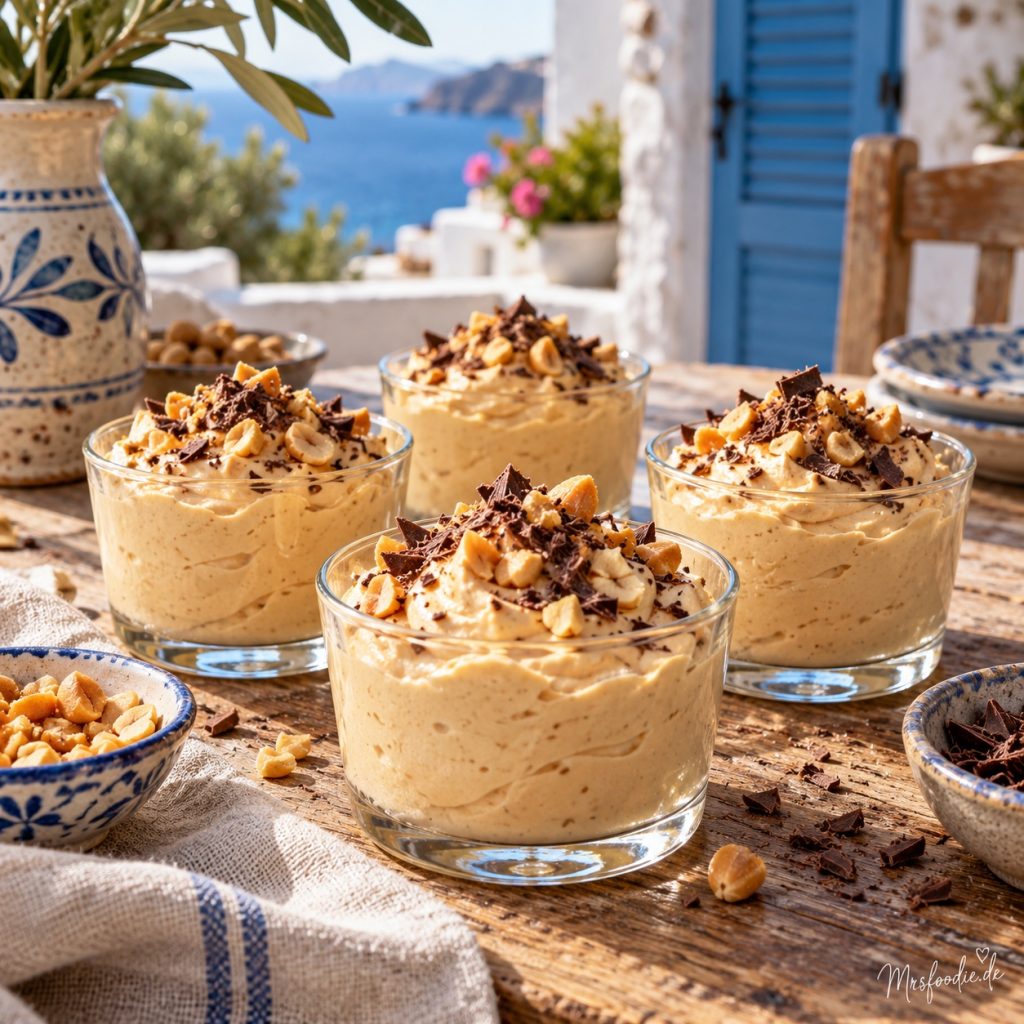 Fluffige Peanut Butter Mousse in rustikaler griechischer Küchenatmosphäre