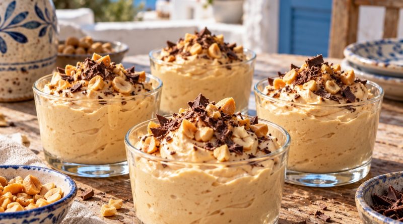 Fluffige Peanut Butter Mousse in rustikaler griechischer Küchenatmosphäre