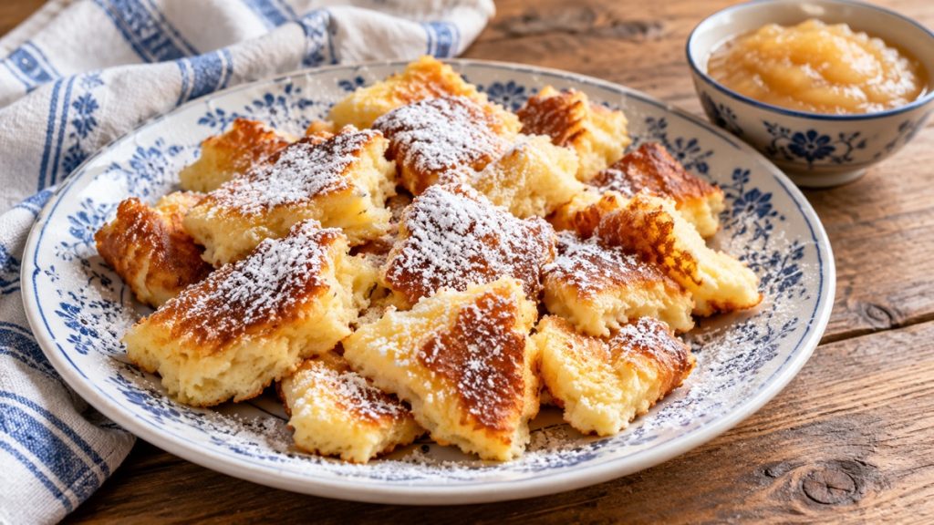 Fluffiger Kaiserschmarrn mit Skyr und Puderzucker auf einem blau-weißen Teller, daneben Apfelmus.
