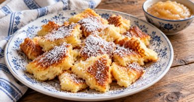 Fluffiger Kaiserschmarrn mit Skyr und Puderzucker auf einem blau-weißen Teller, daneben Apfelmus.
