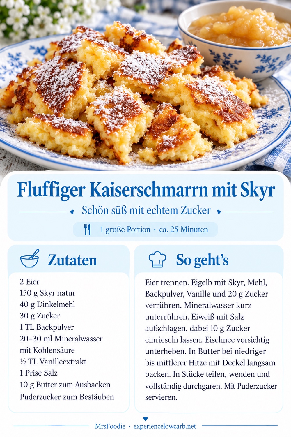 Pinterest-Rezeptkarte für fluffigen Kaiserschmarrn mit Skyr und Zucker mit Zutaten und Zubereitung.