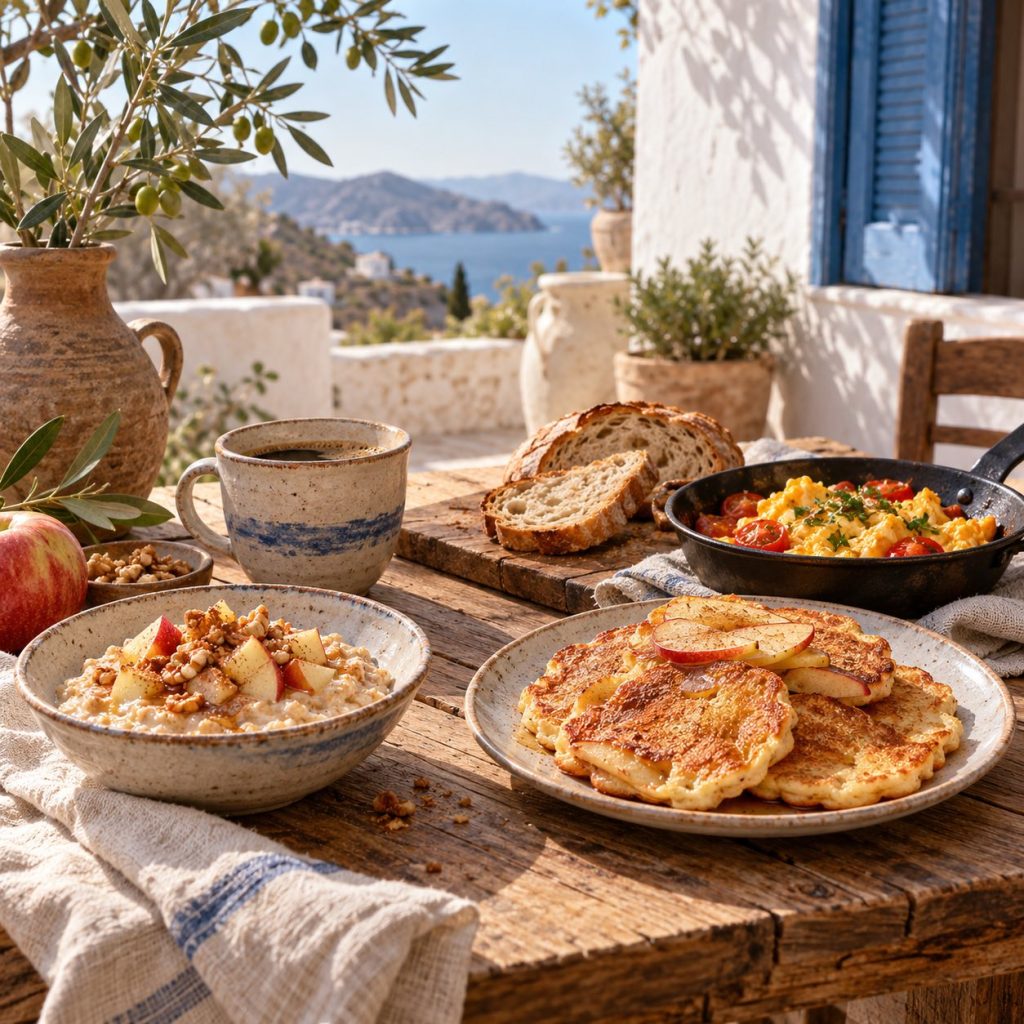 Frühstücksideen mit Porridge, Apfel-Pancakes und Rührei auf einem rustikalen griechischen Tisch