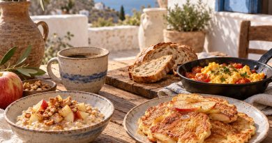 Frühstücksideen mit Porridge, Apfel-Pancakes und Rührei auf einem rustikalen griechischen Tisch